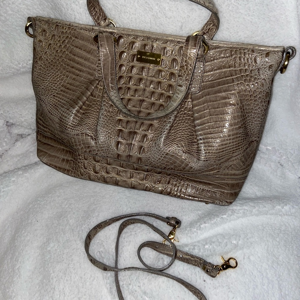 Brahmin Taupe Crocodile-Embossed Satchel